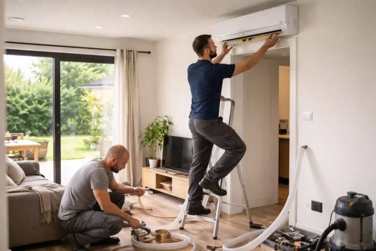 Climatisation Plaisance-du-Touch avec un technicien posant une unité intérieure split dans le salon d’une maison individuelle.