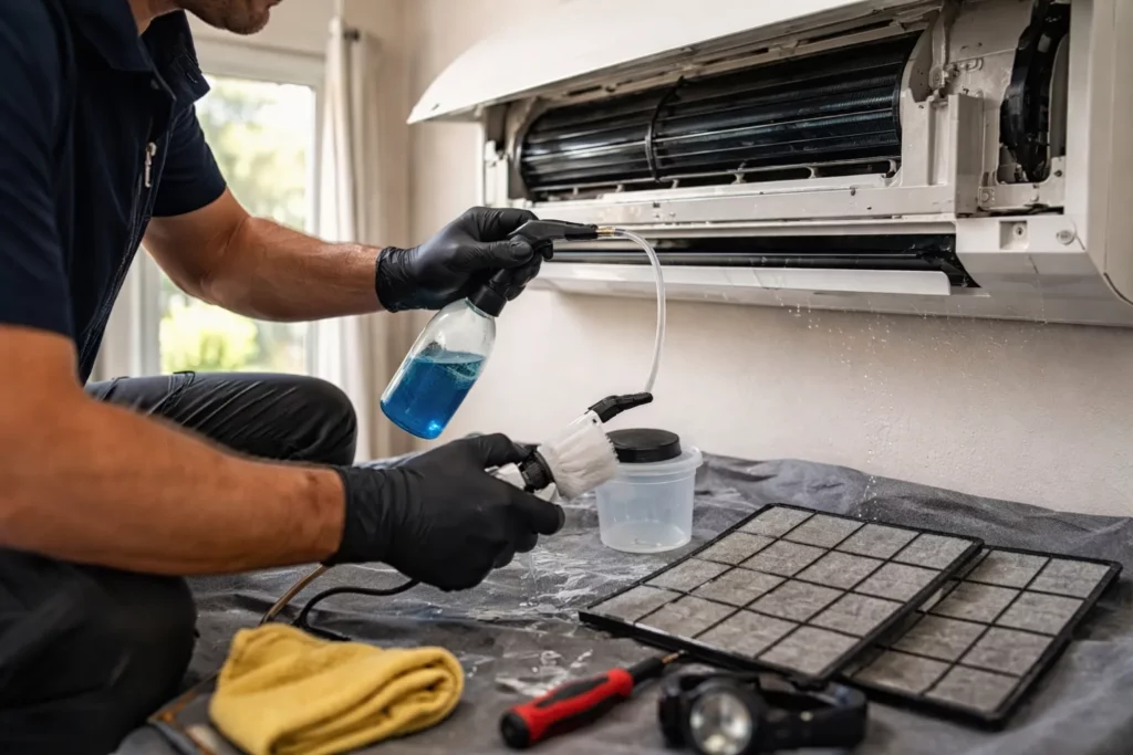 Climatisation Seysses : un technicien nettoie les filtres d’une unité intérieure et contrôle l’évacuation des condensats.