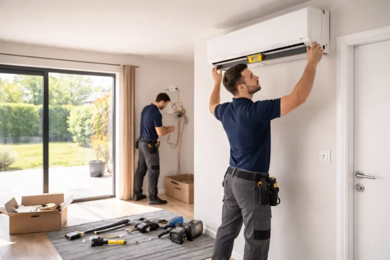 Climatisation Seysses : un technicien installe une unité intérieure de clim réversible dans un salon lumineux d’une maison près de Seysses.