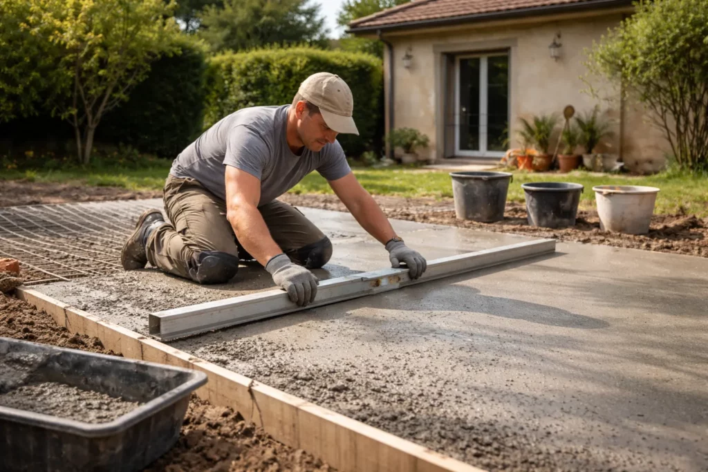 Un Maçon Aureville tire une chape sur une dalle fraîche avec une règle et un niveau, sur un chantier extérieur de maison en France.