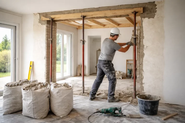 Un Maçon Aureville réalise une ouverture dans un mur porteur d’une maison individuelle, avec étaiement et finitions propres autour du passage.