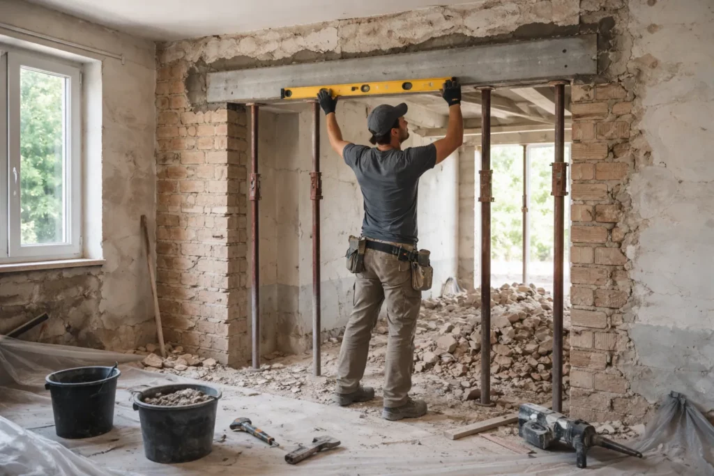 Un Maçon Donneville réalise une ouverture dans un mur existant et contrôle la pose d’un linteau avec étais et niveau sur un chantier de rénovation.