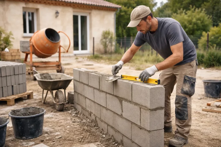 Un Maçon Donneville travaille sur un mur en parpaings d’une maison individuelle, avec niveau et truelle, sur un chantier extérieur en contexte résidentiel français.