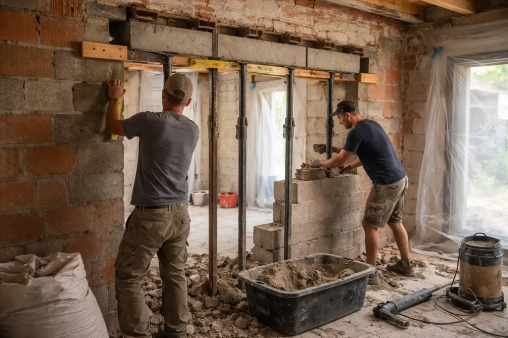 Maçon Quint-Fonsegrives posant un linteau et sécurisant une ouverture de baie dans un mur porteur avec étais et reprise de maçonnerie.