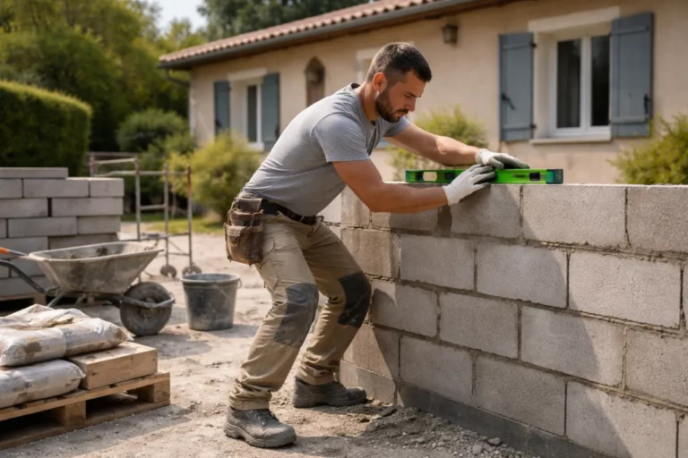 Un Maçon Seysses travaille sur un chantier de rénovation d’une maison, avec un mur en parpaings en cours de reprise et un niveau à bulle posé à proximité.