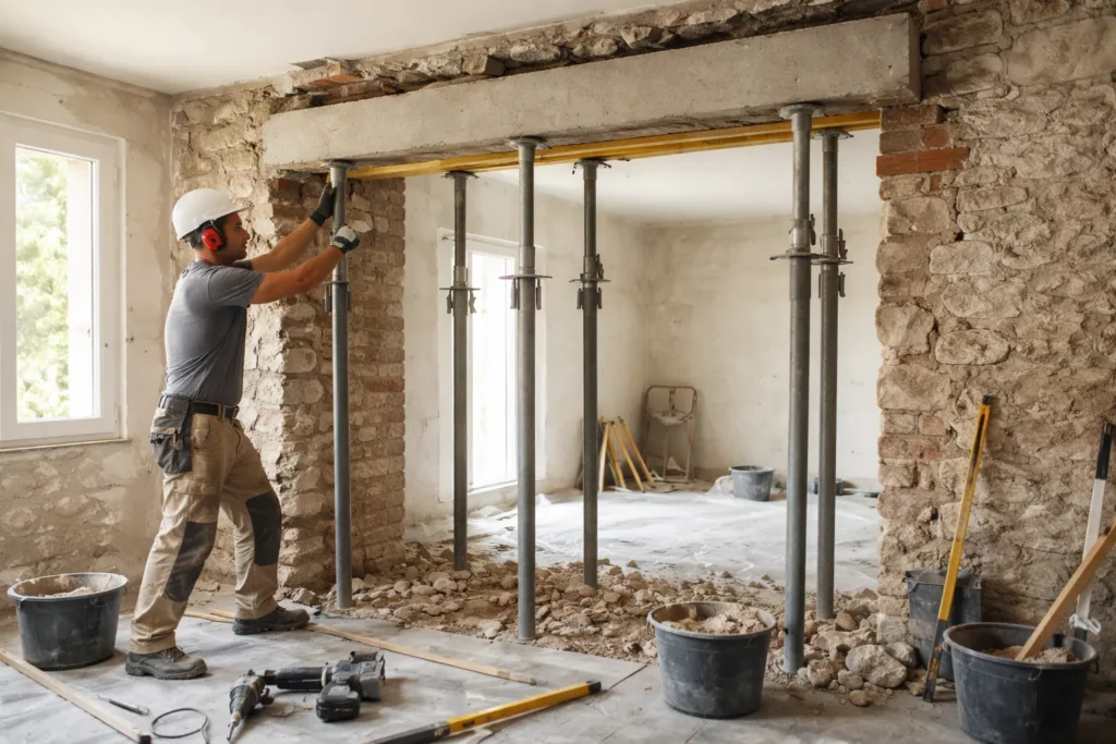 Un Maçon Seysses réalise une ouverture dans un mur porteur en intérieur, avec étaiement en place et linteau en cours de pose.