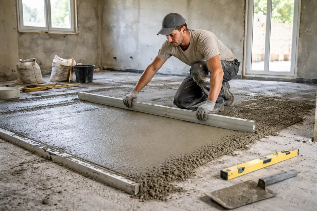 Le Maçon Villeneuve-Tolosane tire une chape sur une dalle béton fraîche avec règle de maçon et niveau pour préparer un sol prêt à carreler.