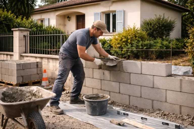 Le Maçon Villeneuve-Tolosane réalise une reprise de mur en parpaings sur une maison avec chantier sécurisé et outils de maçonnerie visibles.