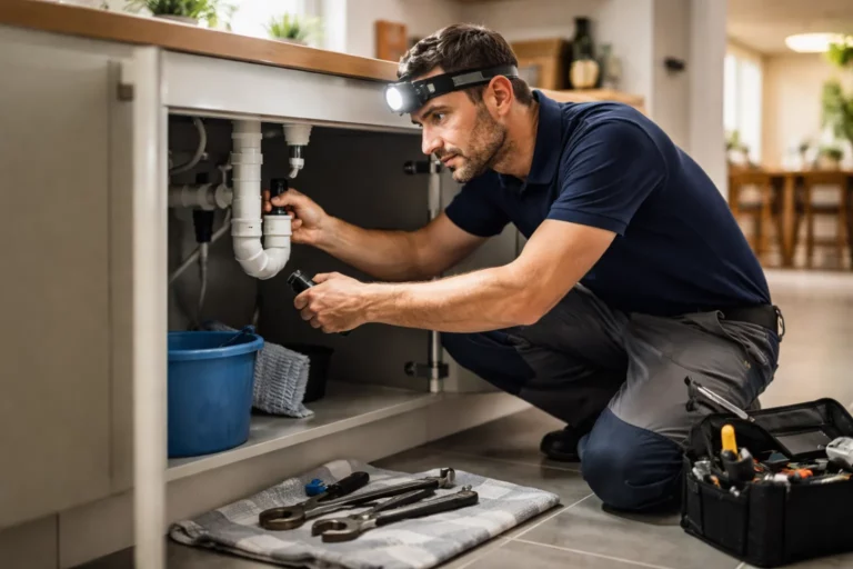 Un Plombier Escalquens en tenue de travail vérifie une installation sous un évier de cuisine chez un particulier.