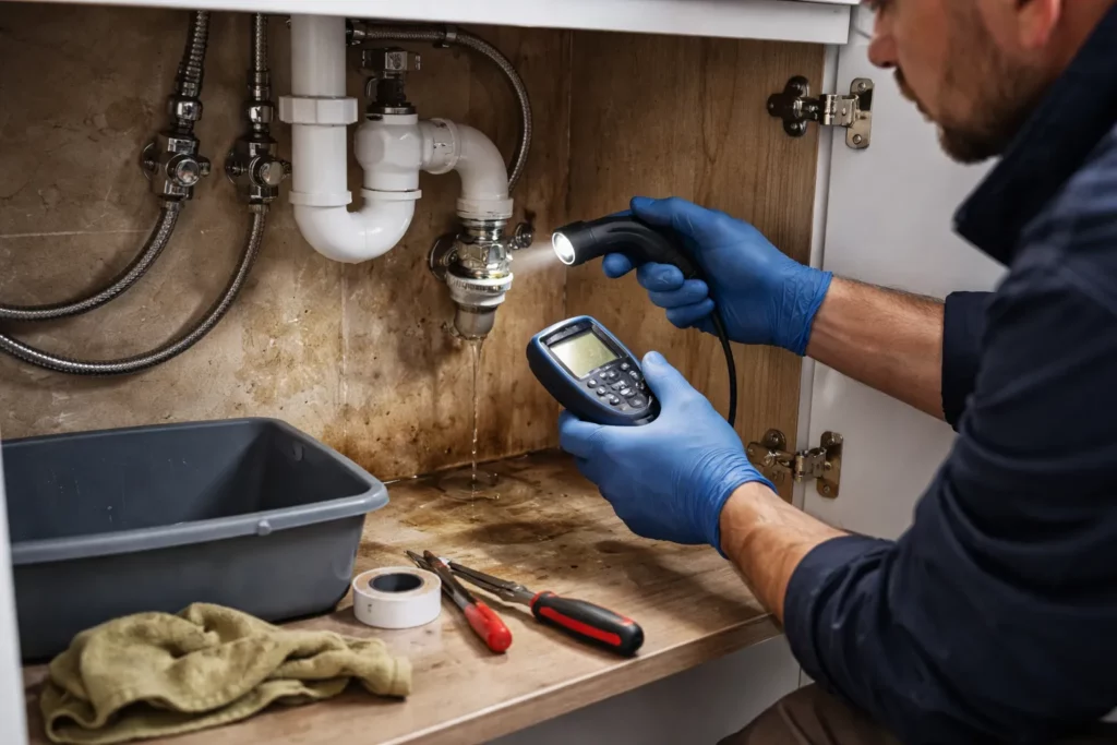 Un Plombier Escalquens réalise une recherche de fuite sous un évier avec un testeur d’humidité et inspecte les raccords.