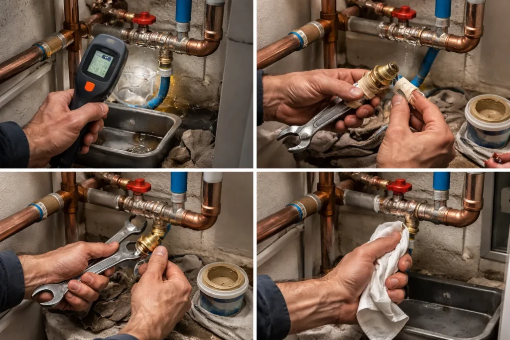 Le Plombier Quint-Fonsegrives réalise une recherche de fuite et remet en étanchéité un raccord de tuyauterie dans un placard technique.