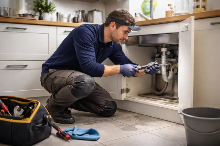 Un Plombier Saubens inspecte une fuite sous l’évier d’une cuisine de maison française avec une lampe frontale et des gants.