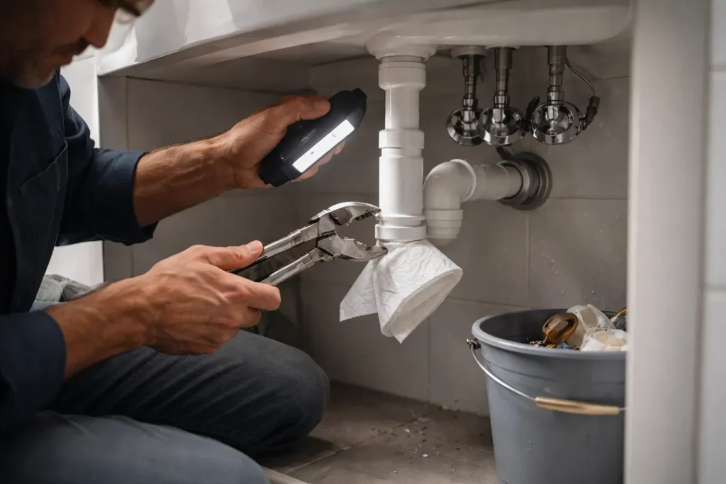 Un Plombier Saubens réalise une recherche de fuite et resserre un raccord d’évacuation sous un lavabo avec un contrôle d’étanchéité.