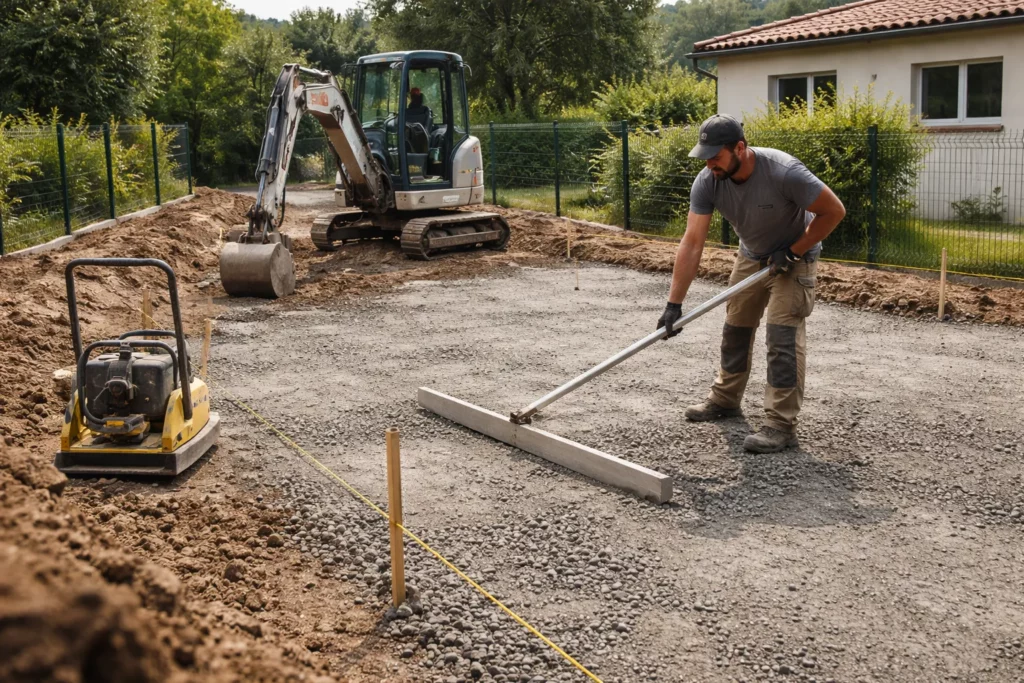 Terrassement Aureville avec un terrassier réglant une pente au râteau sur une plateforme de gravier pendant qu’une mini-pelle finalise la mise à niveau.