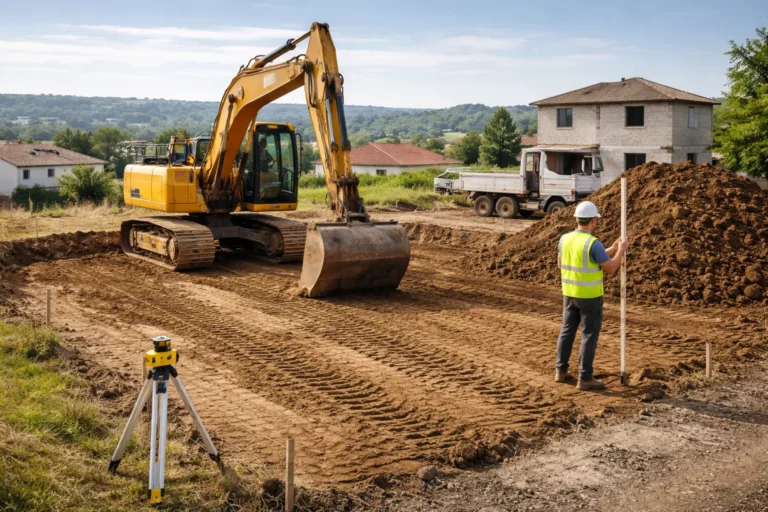 Terrassement Aureville sur un terrain de maison individuelle avec une pelle mécanique nivelant la plateforme et un conducteur vérifiant les niveaux.