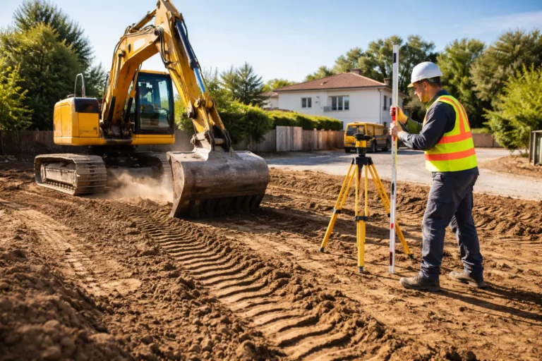 Terrassement Castanet-Tolosan sur un terrain résidentiel avec une pelle mécanique nivelant la plateforme et un professionnel contrôlant les niveaux.