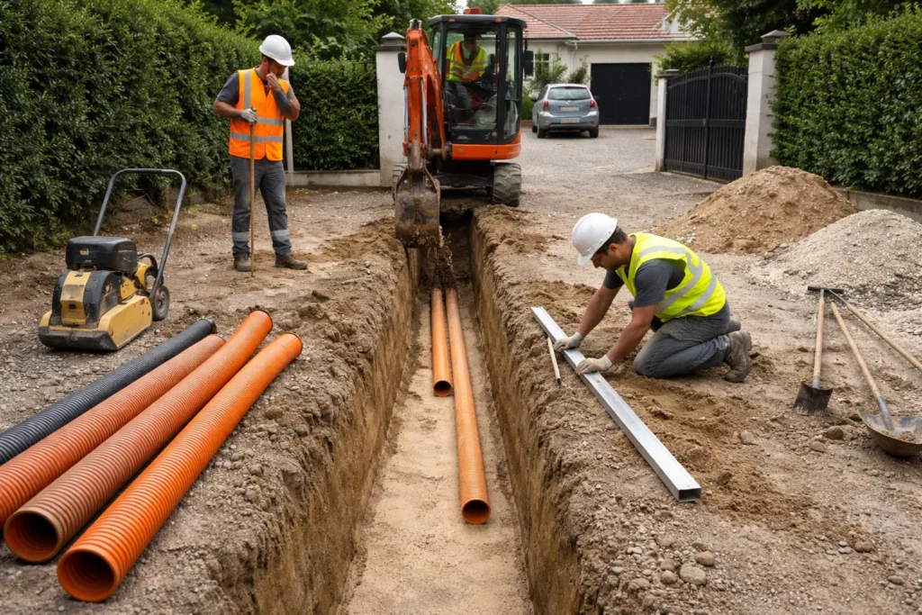 Terrassement Castanet-Tolosan avec ouverture d’une tranchée réseaux au godet étroit et pose de gaines avant remblaiement et compactage.