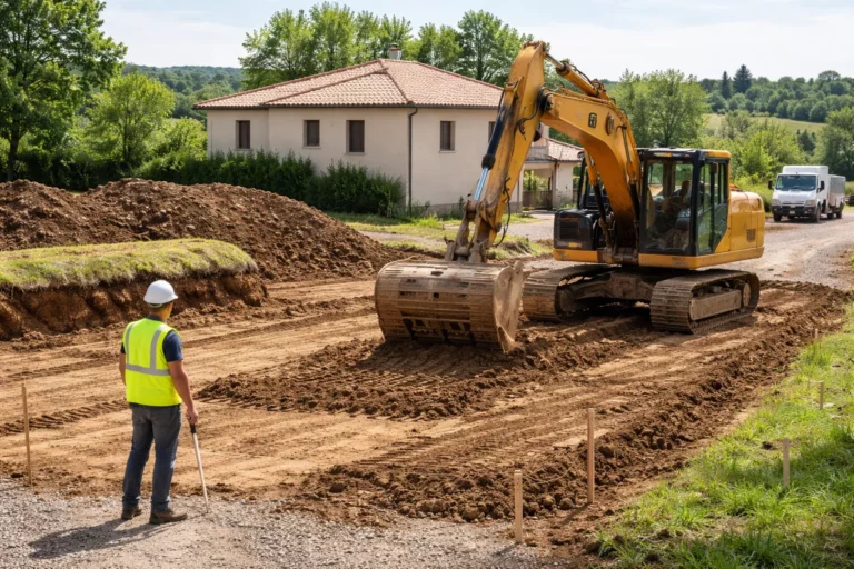 Terrassement Corronsac sur un terrain de maison individuelle avec une pelle mécanique en train de niveler une plateforme et des déblais stockés en bord de parcelle.