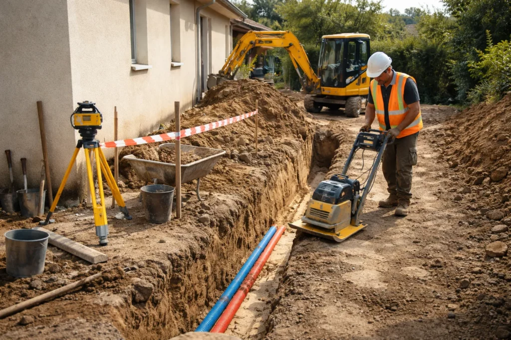 Terrassement Corronsac montrant l’ouverture d’une tranchée réseaux le long d’une maison avec un mini-pelle, gaines posées et remblai en cours de compactage.