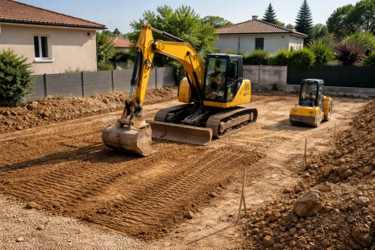 Terrassement Labège sur un terrain en lotissement, une pelle mécanique règle une plateforme nivelée avec tas de terre et maison neuve en arrière-plan.
