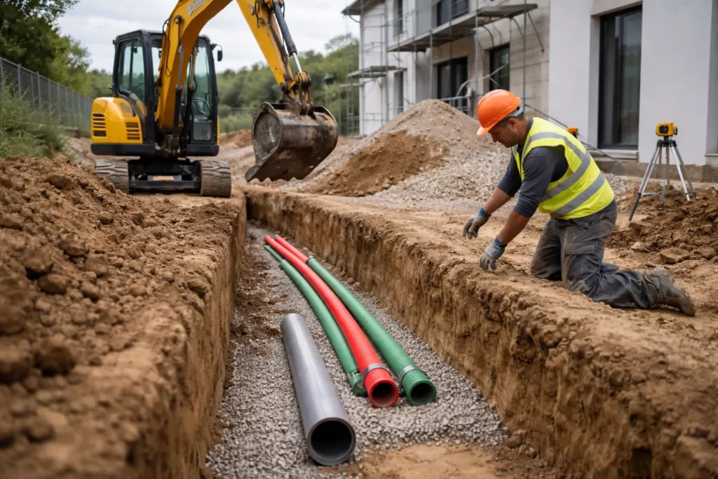 Terrassement Labège avec ouverture de tranchée pour réseaux, un terrassier guide la pelle pendant la pose de gaines et le remblaiement au gravier.