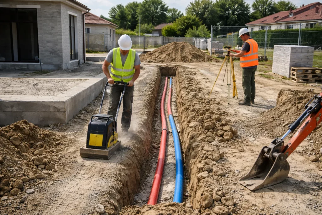 Terrassement Roques avec ouverture d’une tranchée pour réseaux et remblaiement au compacteur sur une parcelle de maison en construction.