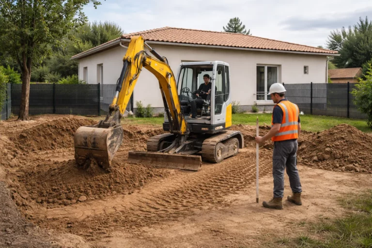 Terrassement Villeneuve-Tolosane avec une pelle mécanique réalisant un décaissement et une mise à niveau sur un terrain de maison individuelle.