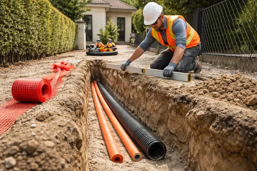 Terrassement Villeneuve-Tolosane montrant une tranchée réseaux avec gaines posées et un remblaiement en cours près d’une maison.