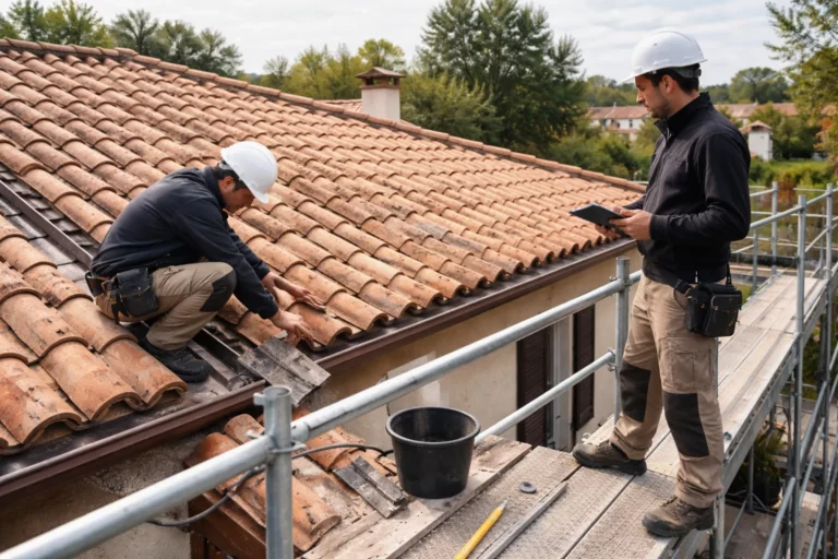 Toiture Escalquens : un couvreur sur une maison en tuiles inspecte la toiture depuis un échafaudage en périphérie.