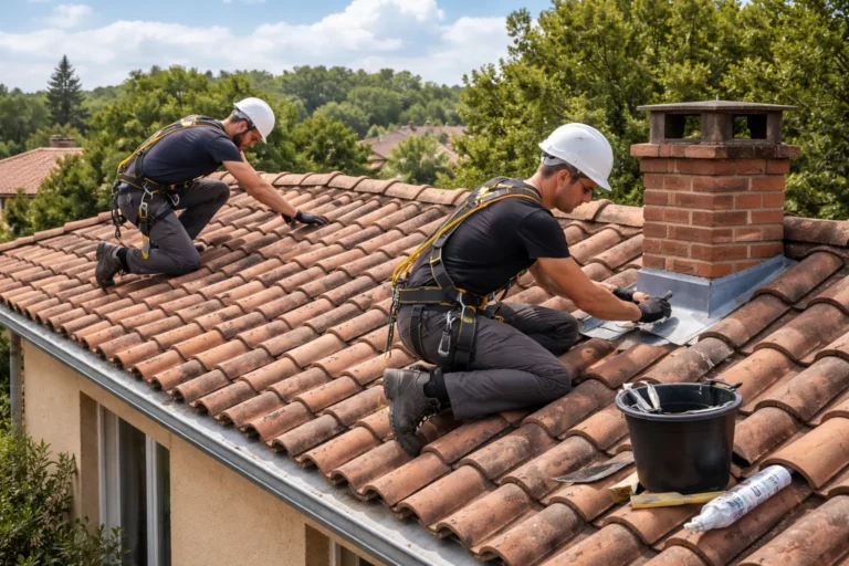 Toiture Pins-Justaret avec deux couvreurs sur un toit en tuiles, en inspection et sécurisation de la couverture d’une maison individuelle.