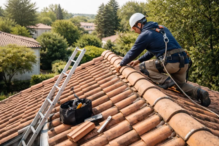 Toiture Vigoulet-Auzil : un couvreur inspecte une toiture en tuiles sur une maison individuelle près de Toulouse.