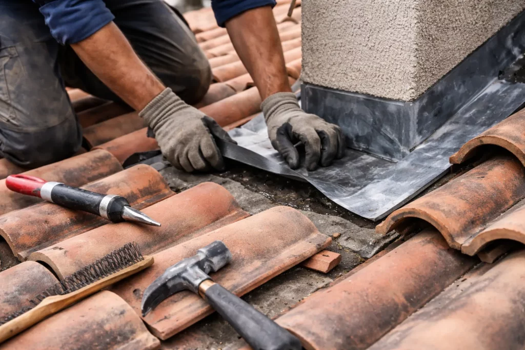 Toiture Vigoulet-Auzil : un couvreur répare une fuite en reprenant l’étanchéité d’un solin au pied d’une cheminée.