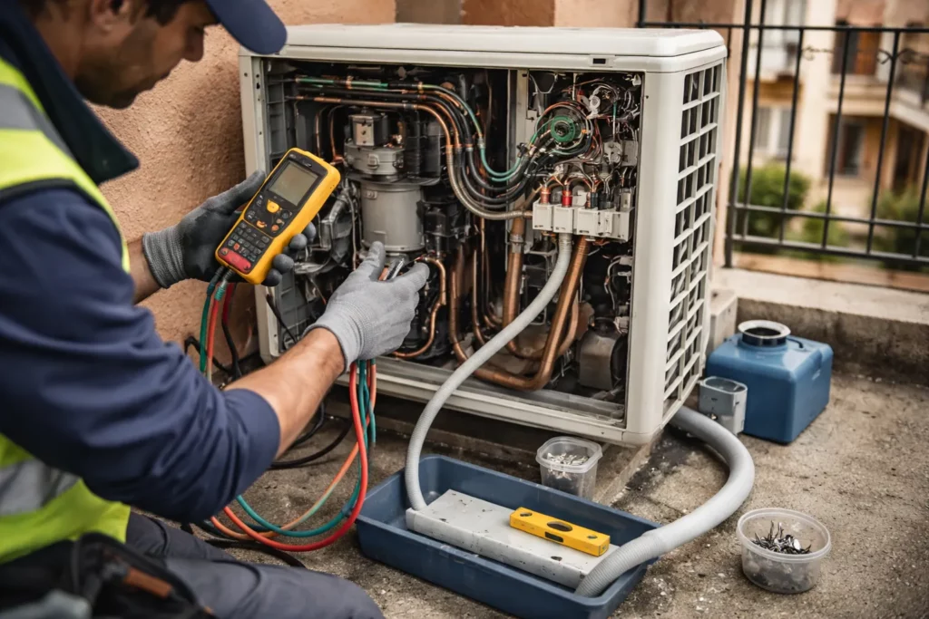 Urgence climatisation toulouse : diagnostic express avec multimètre et contrôle des condensats sur l’unité extérieure d’une climatisation en résidence.