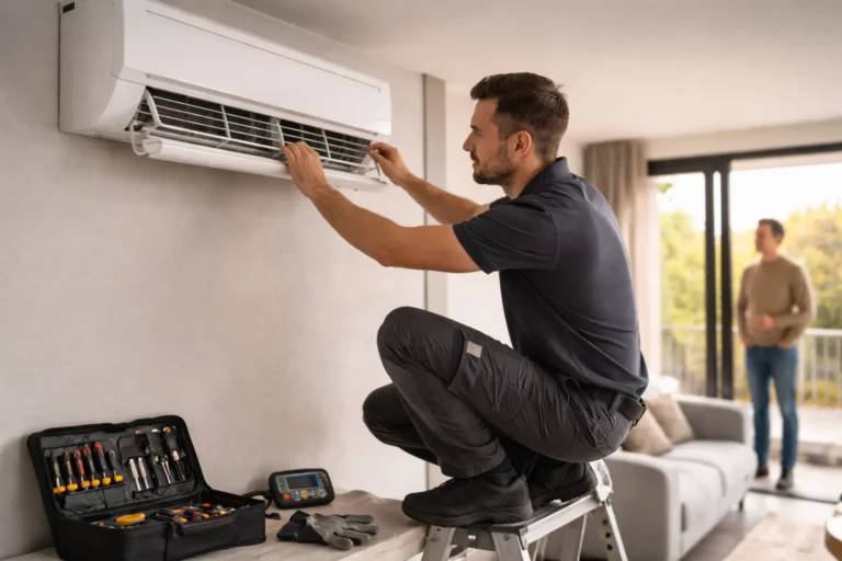 Urgence climatisation toulouse : un technicien intervient dans un appartement toulousain et vérifie l’unité intérieure d’un split mural avec ses outils.