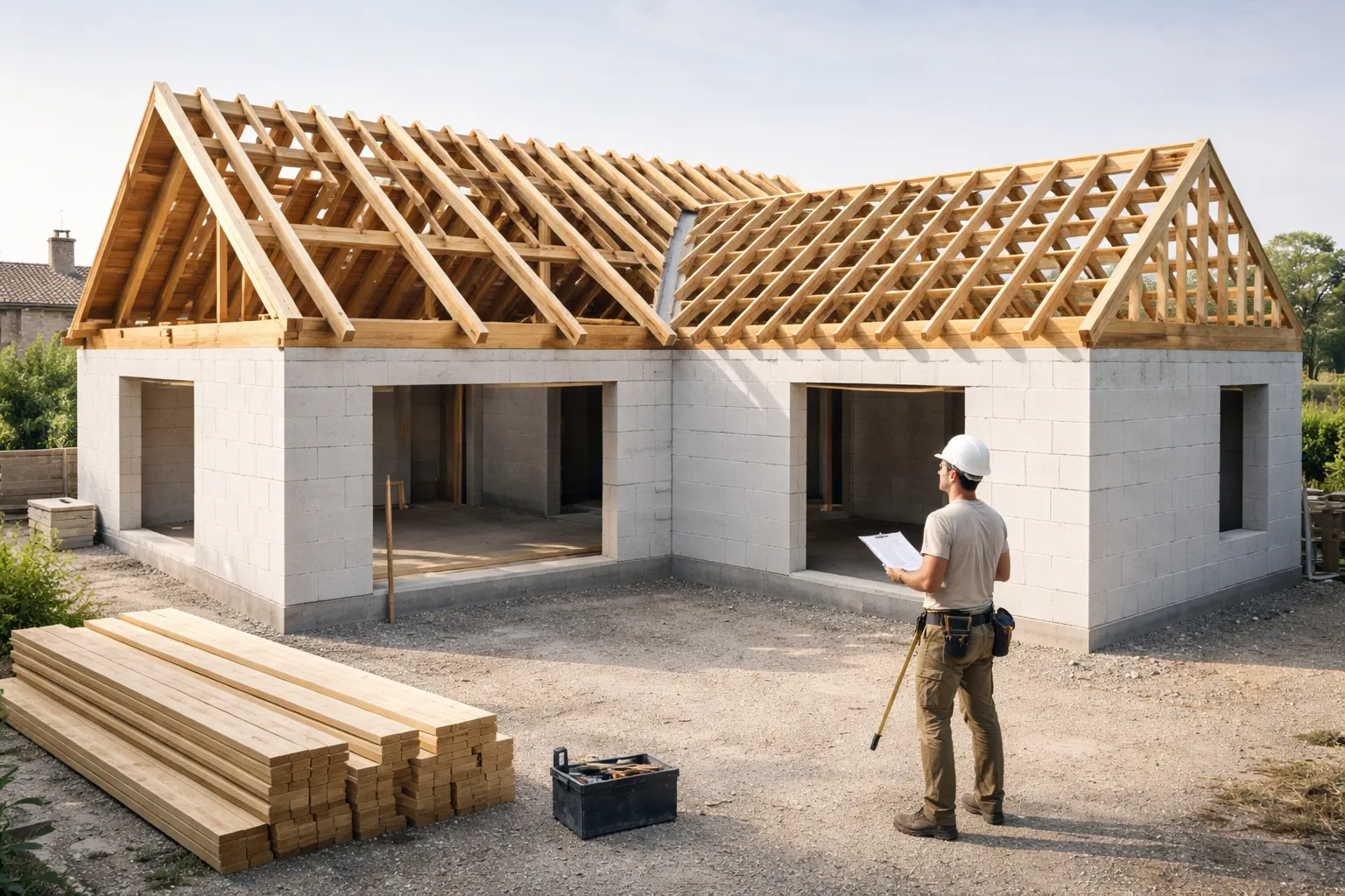 Charpentier sur un chantier à Toulouse observant une charpente en bois apparente avec poutres et fermettes, scène réaliste pour illustrer le prix d’une charpente