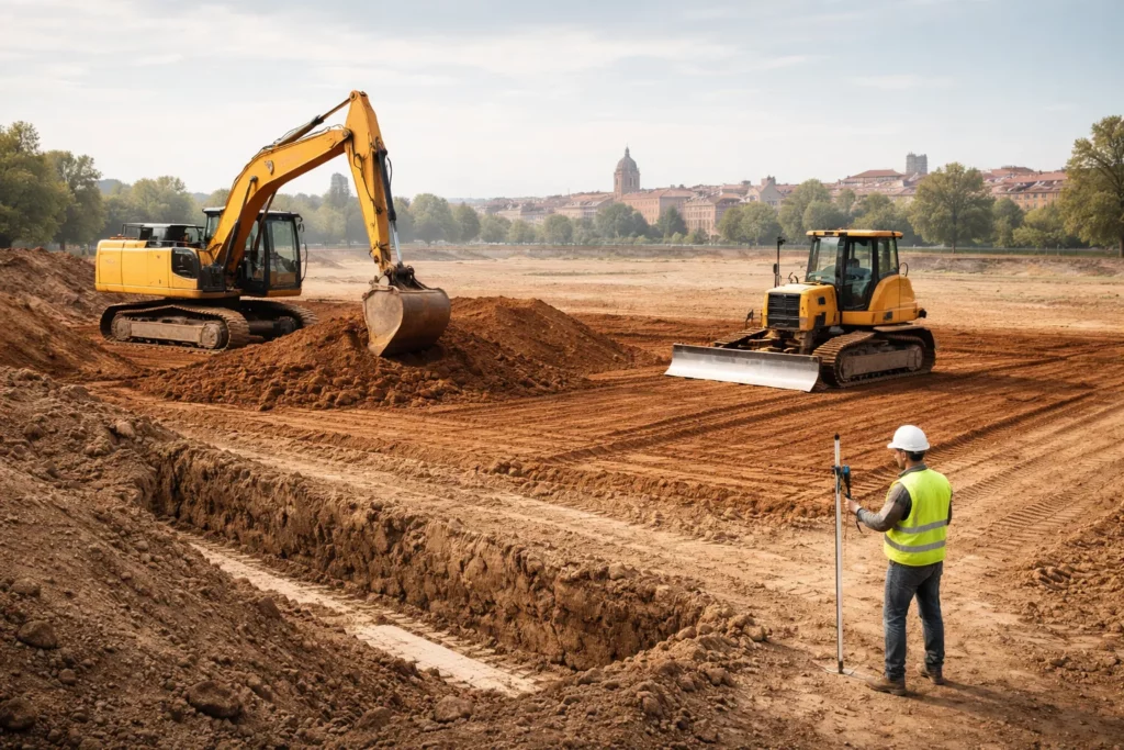 Chantier de terrassement à Toulouse avec pelleteuse et bulldozer nivelant un terrain, un terrassier contrôle les niveaux sous une lumière naturelle