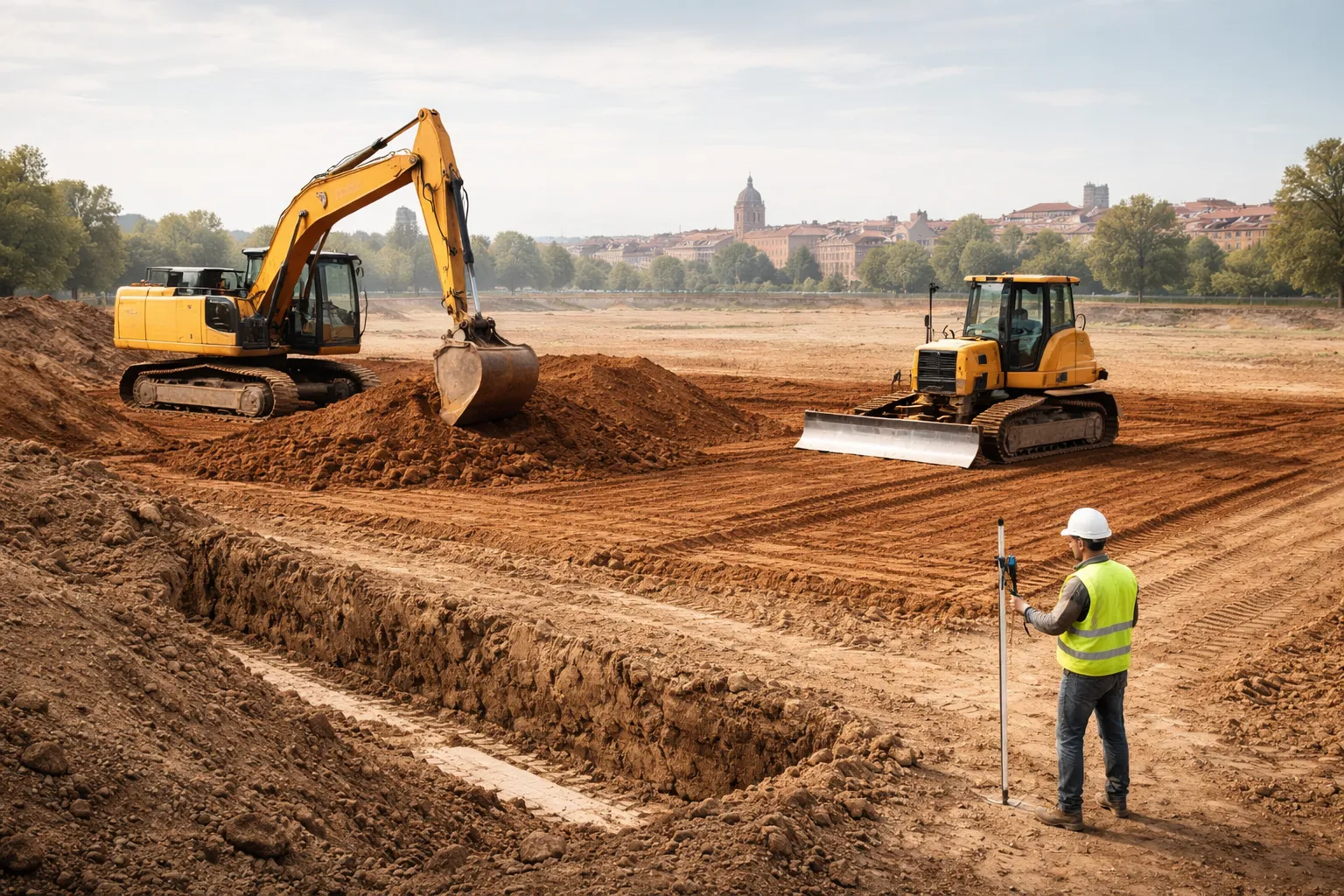 Chantier de terrassement à Toulouse avec pelleteuse et bulldozer nivelant un terrain, un terrassier contrôle les niveaux sous une lumière naturelle