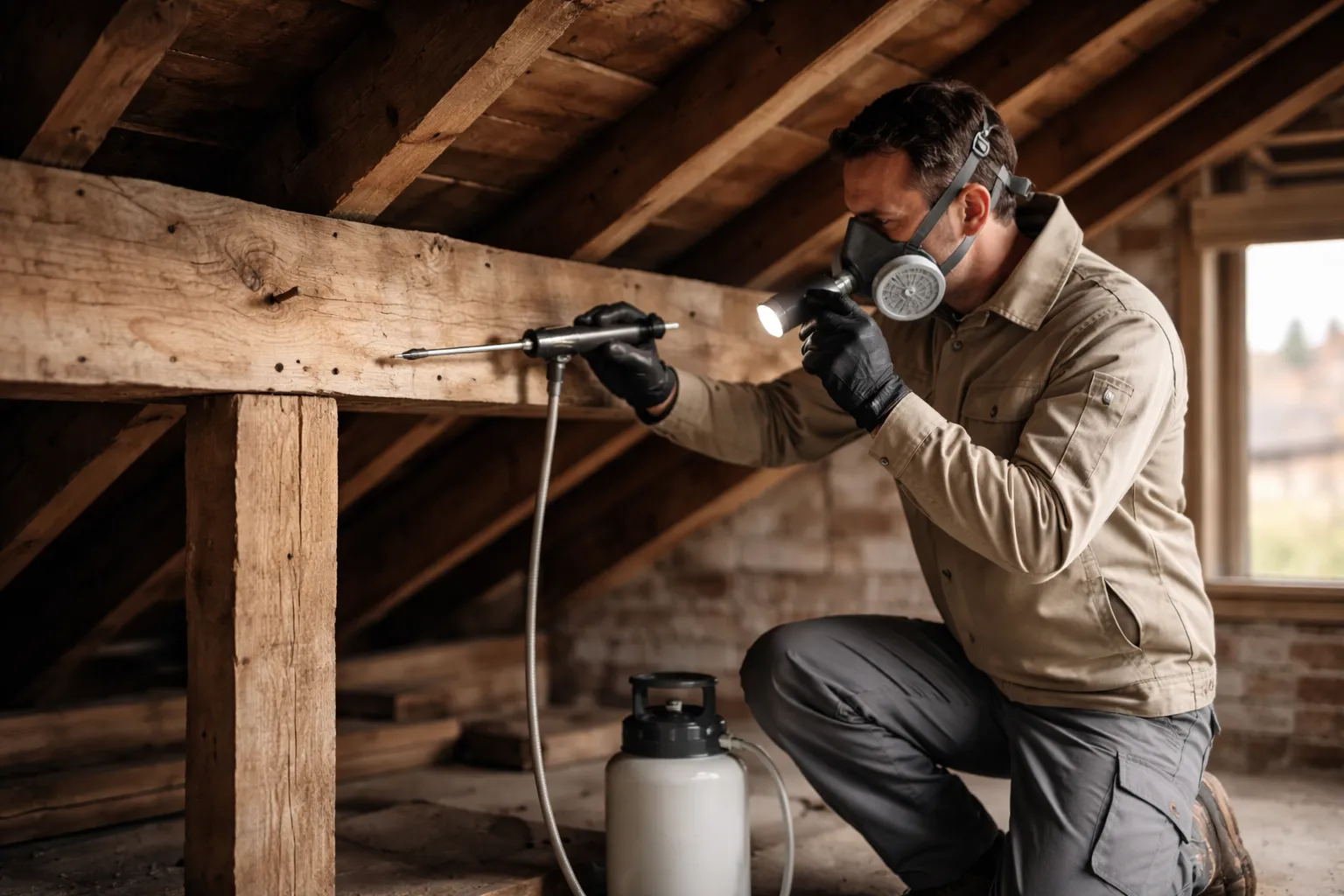 Technicien en protection du bois injectant un produit de traitement dans une poutre de charpente en bois lors d’un diagnostic en combles à Toulouse