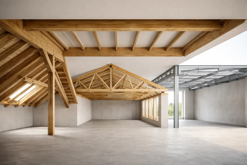 Vue intérieure photoréaliste d’une maison en construction montrant plusieurs types de charpente, avec une structure en bois traditionnelle, des fermettes industrielles et une ossature métallique, sous une lumière naturelle douce.