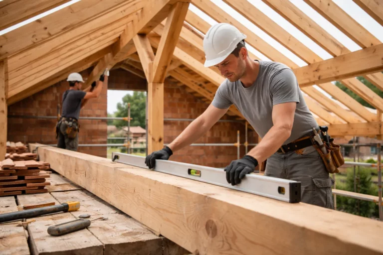 Un Charpentier Aureville vérifie l’alignement d’une charpente en bois sur une maison individuelle en cours de construction.