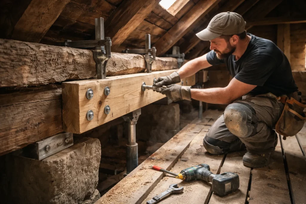 Un Charpentier Aureville renforce une ferme ancienne dans des combles en posant une pièce de doublage fixée par boulons et équerres métalliques.