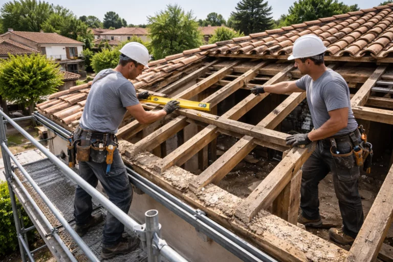 Charpentier Deyme inspectant une charpente traditionnelle sur une maison individuelle en toiture tuiles à Deyme.