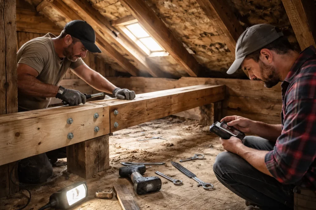 Charpentier Deyme réalisant un diagnostic et un renforcement d’assemblage sur une charpente en bois dans des combles.
