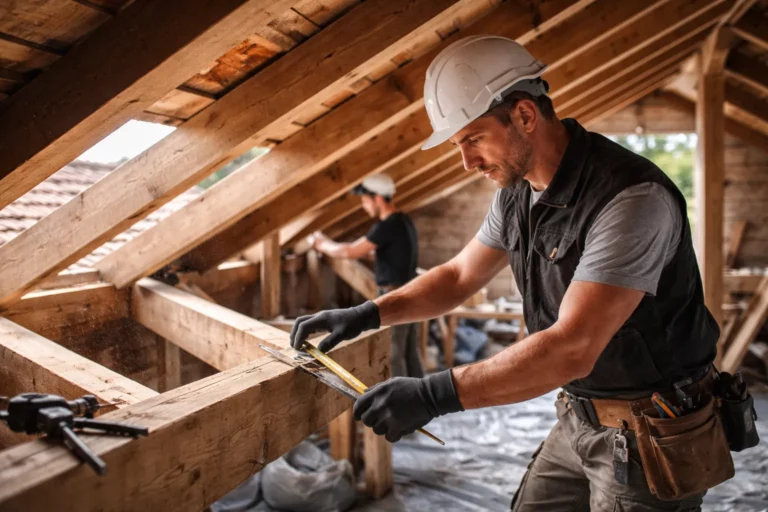 Charpentier Eaunes inspectant une charpente traditionnelle en bois sur une maison individuelle près d’Eaunes, avec outils de mesure et chevrons visibles.
