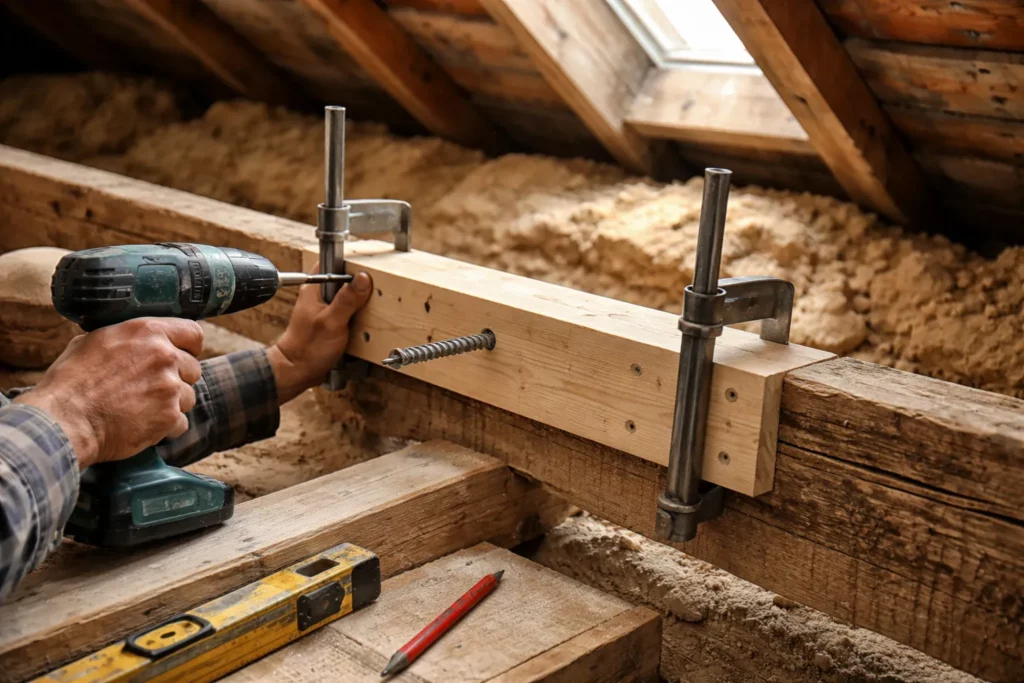Charpentier Eaunes fixant un renfort en bois sur une panne existante avec serre-joints et visseuse lors d’une réparation de charpente en combles.