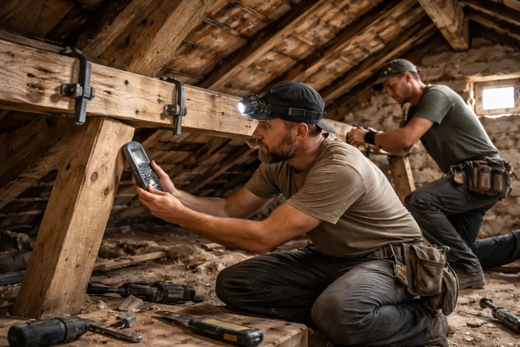Charpentier Labastide-Beauvoir réalisant un diagnostic de charpente dans des combles avec contrôle des assemblages et pose d’un renfort.