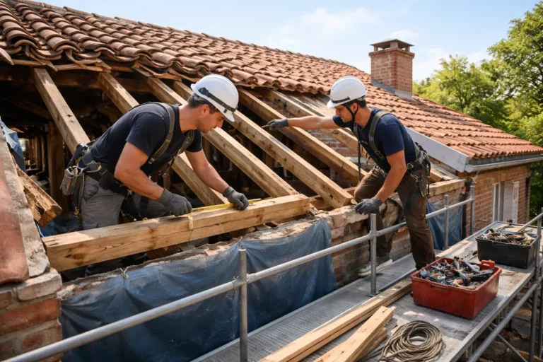Charpentier Labastide-Beauvoir sur un toit de maison toulousaine, contrôlant une charpente bois avant rénovation.
