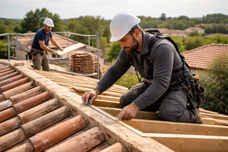 Un Charpentier Roques inspecte une charpente traditionnelle en bois sur le toit d’une maison individuelle près de Toulouse.