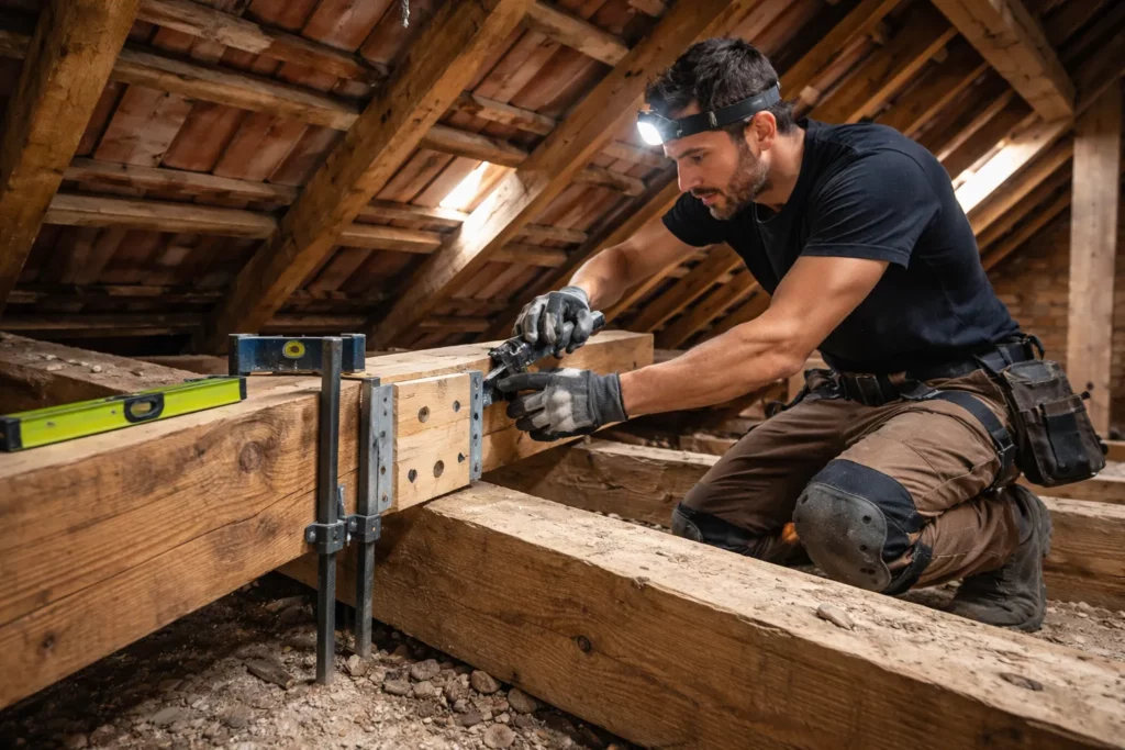 Un Charpentier Roques renforce une panne avec un boulonnage et une pièce de bois neuve dans des combles lors d’une rénovation de charpente.