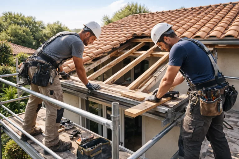 Un Charpentier Saint-Orens-de-Gameville inspecte une charpente bois sur le toit d’une maison individuelle, avec outils et harnais de sécurité.